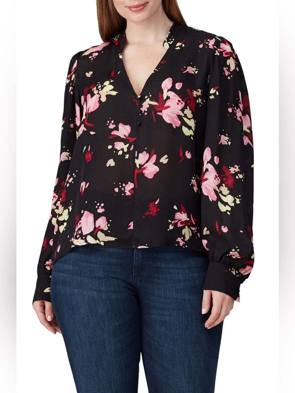 A.L.C. Black Floral V-Neck Long Sleeve Blouse Silk Size 0